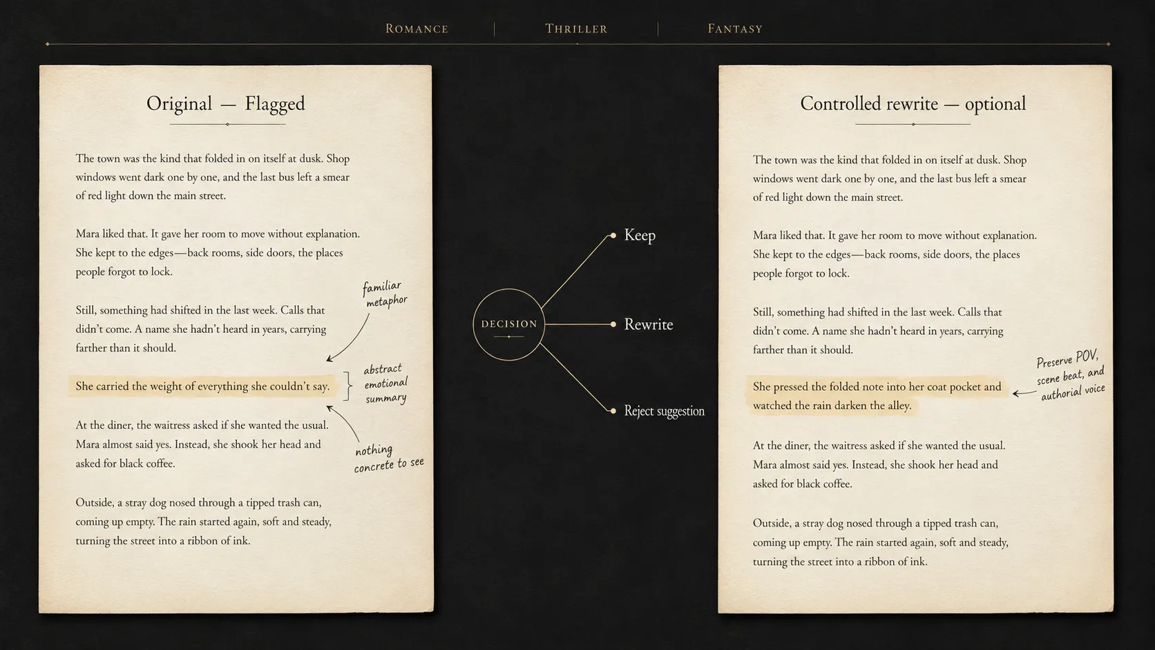 Before and after demo — annotated scene with controlled rewrite