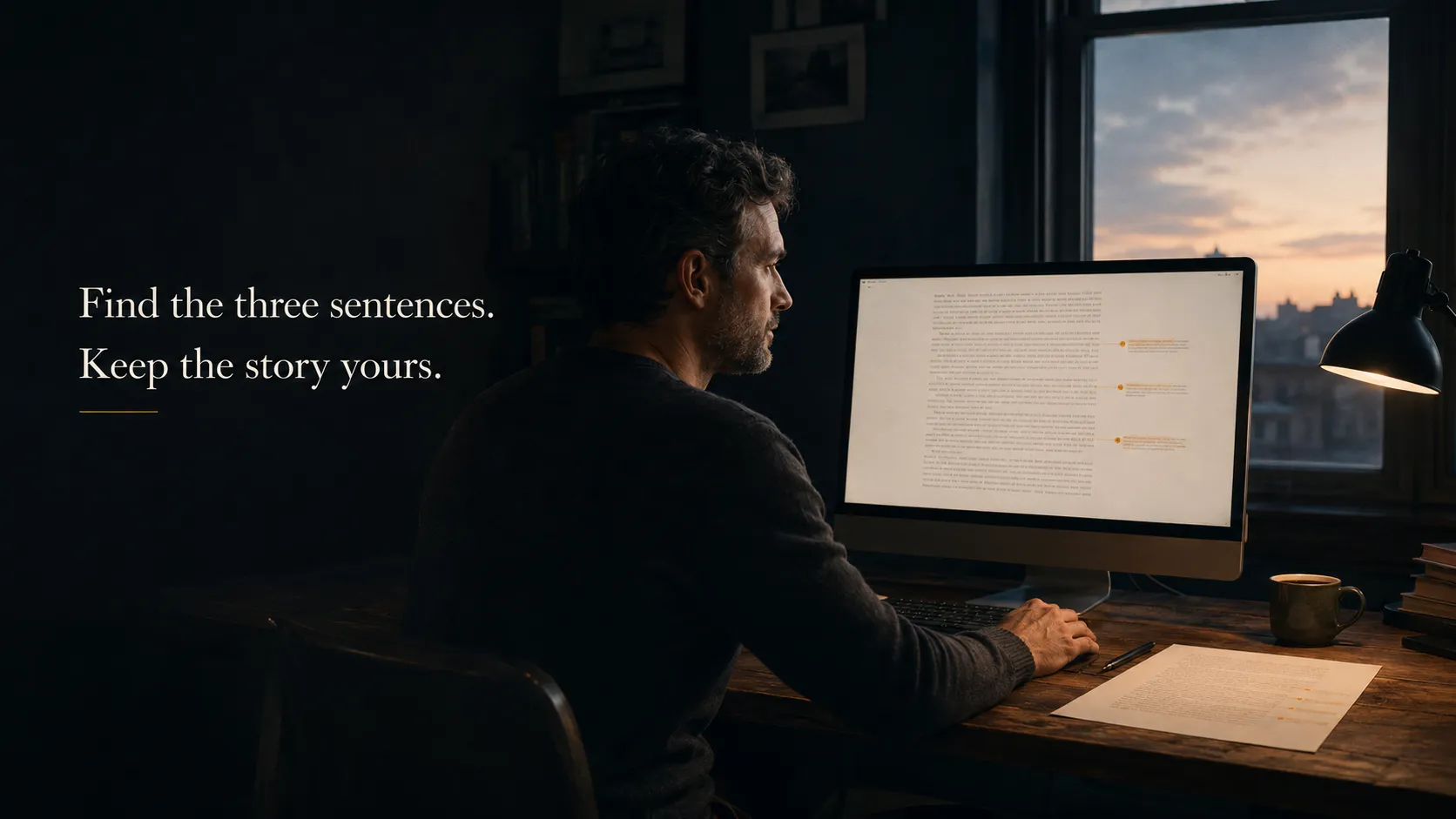 Find the three sentences. Keep the story yours.