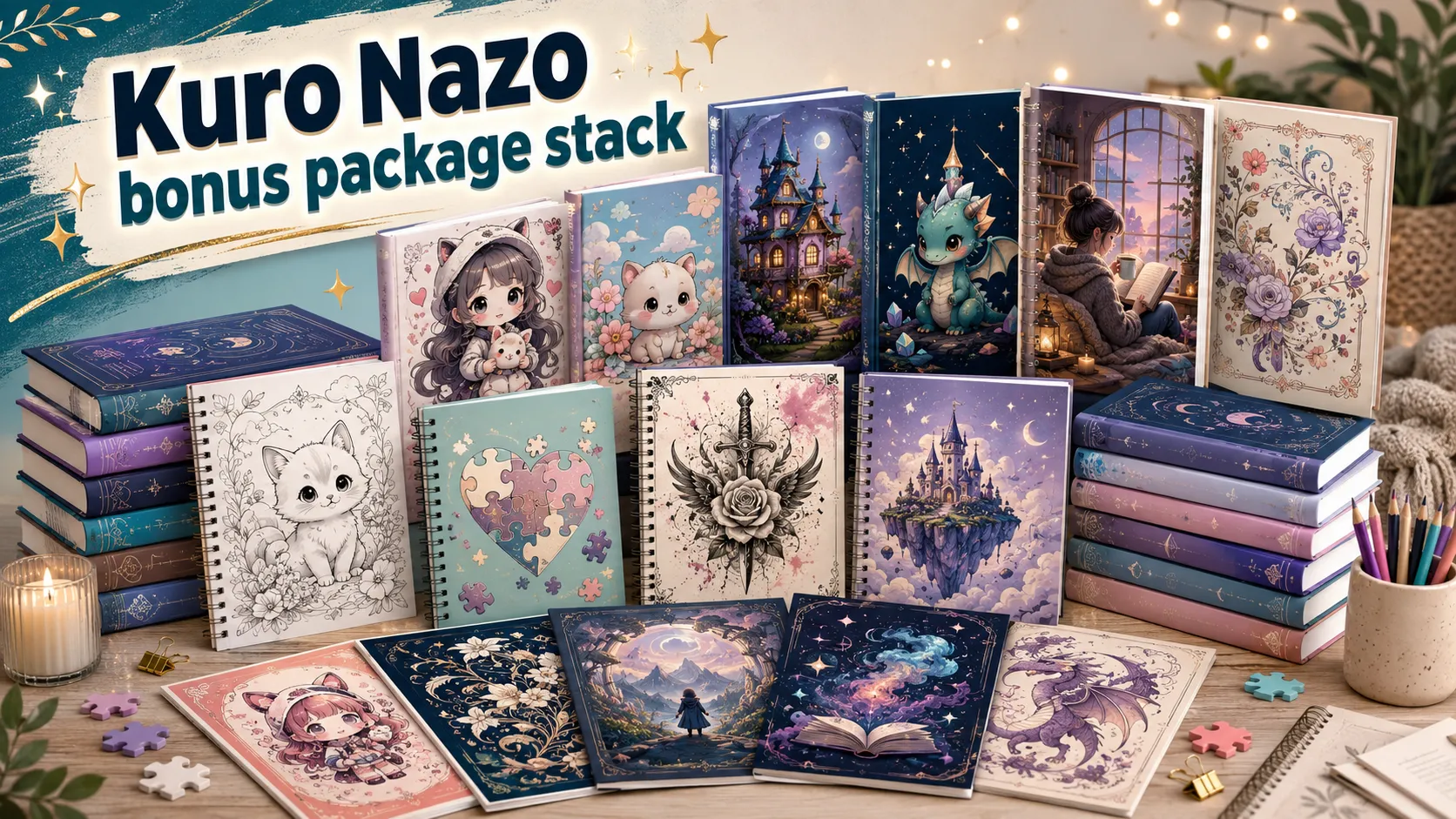 Kuro Nazo bonus package stack for KDP puzzle and coloring book publishers