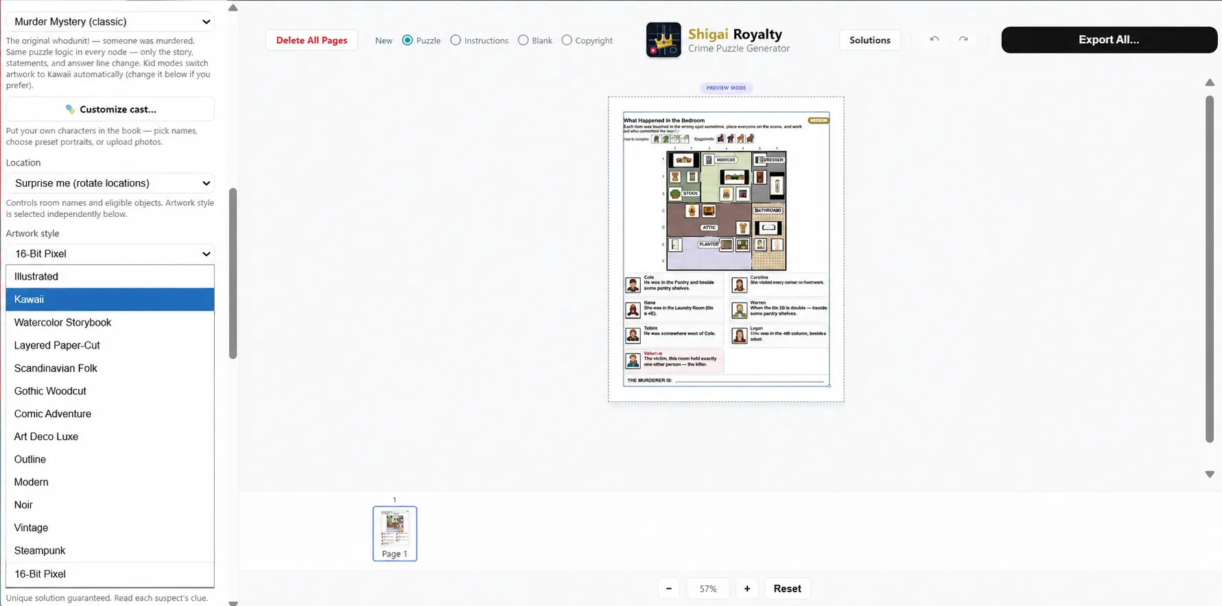 Shigai Royalty Review — case creation dashboard for puzzle type, cast, and style