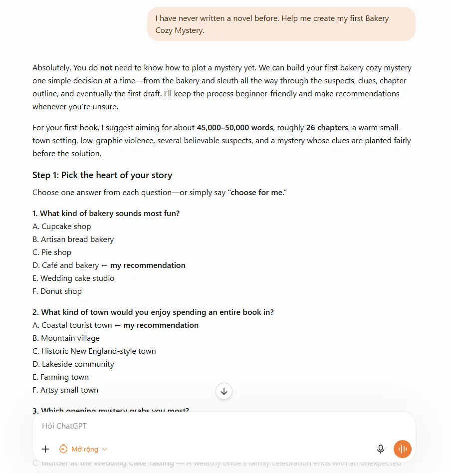 CozyCrumb opening prompt: I have never written a novel before. Help me create my first Bakery Cozy Mystery.