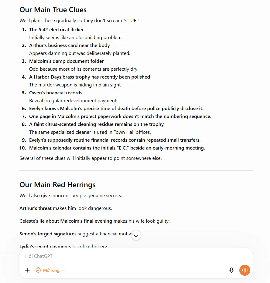 Clue map and red-herring list from the Death Before Breakfast Story Bible