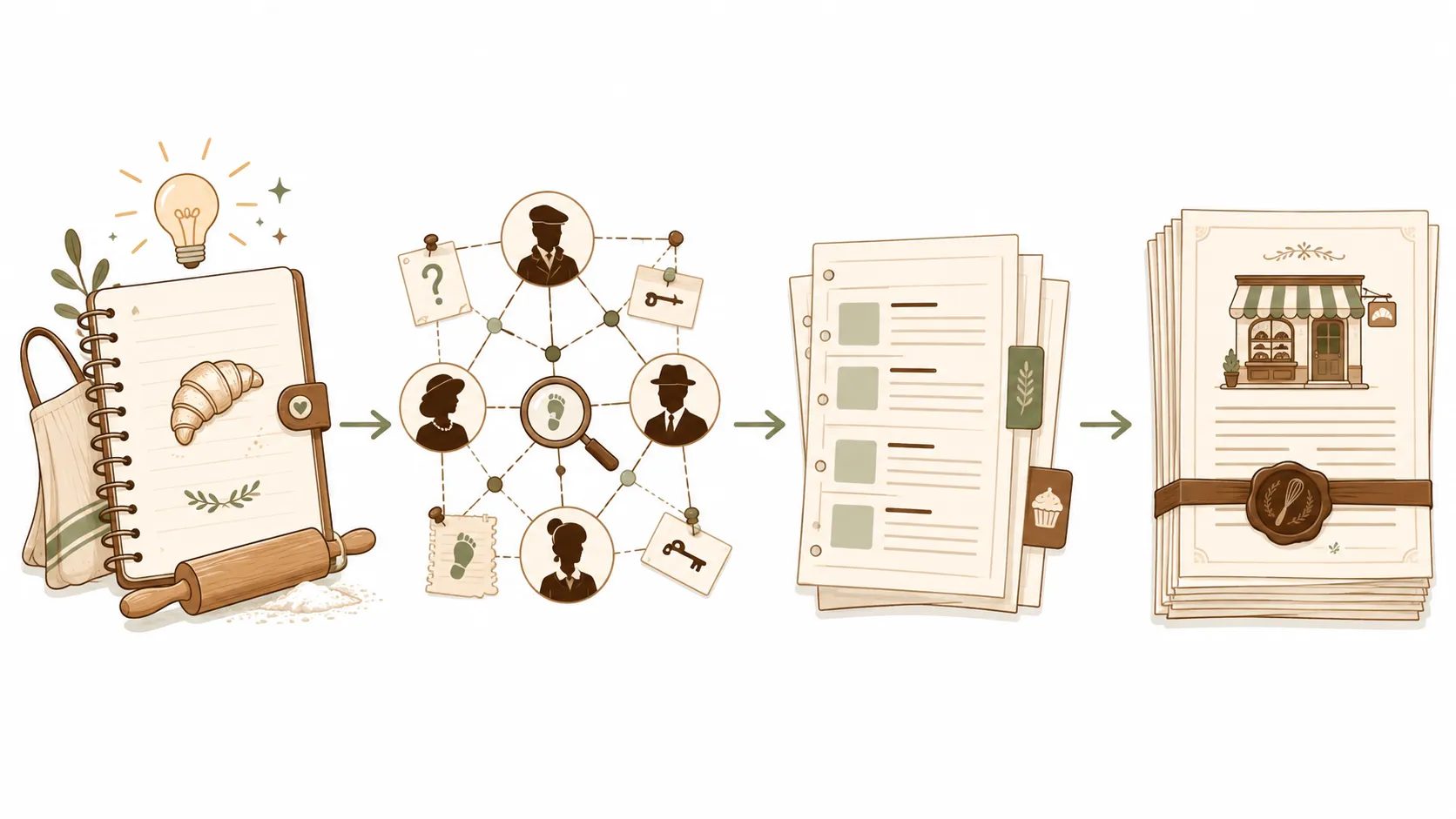 Four stages: idea to mystery blueprint to outline to finished manuscript