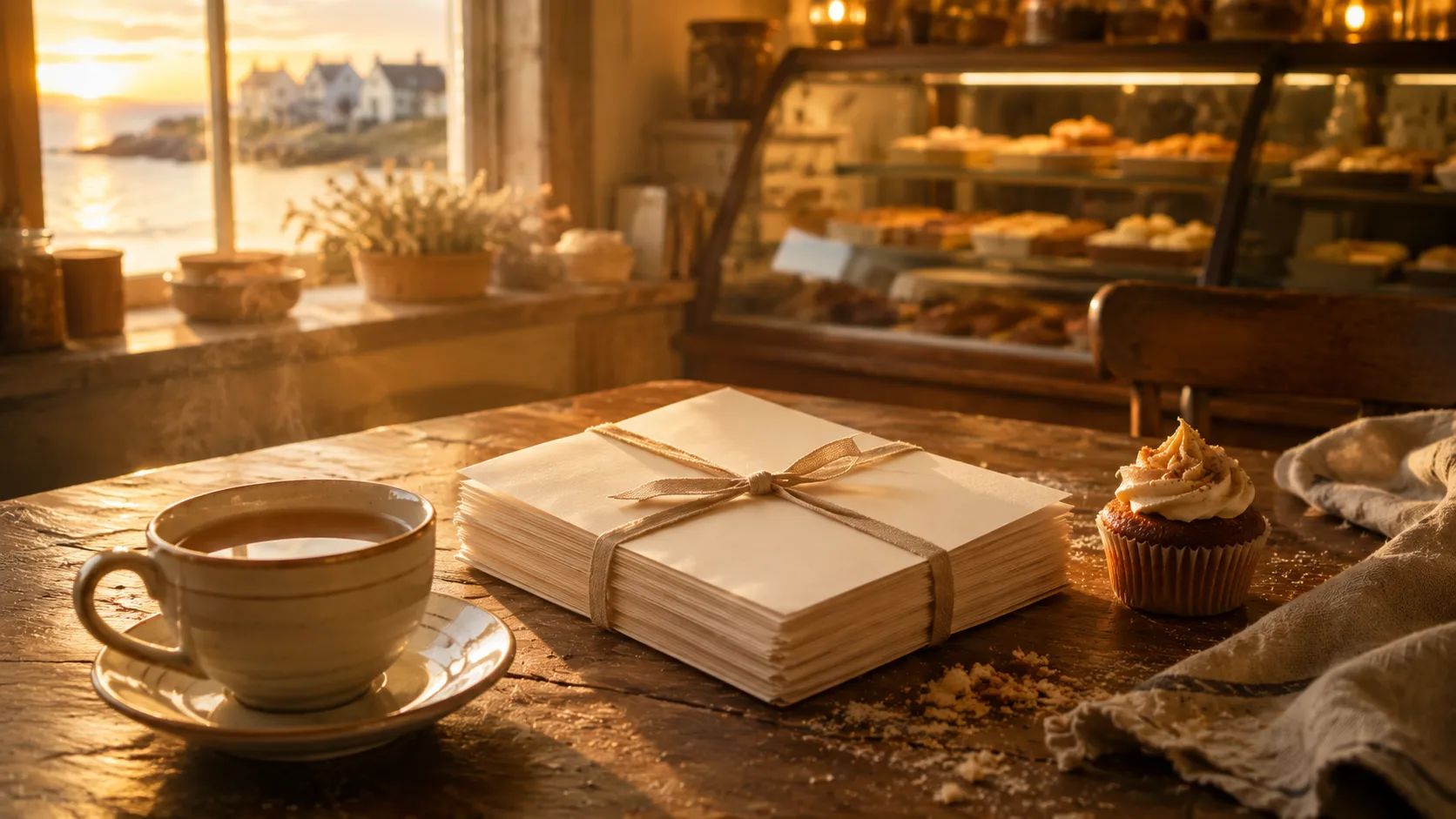Finished manuscript beside tea and a cupcake in a coastal bakery at sunrise