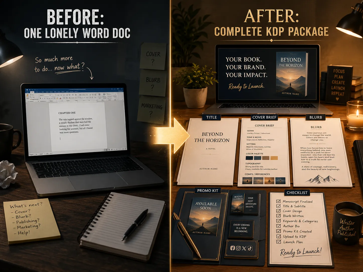 Before/after - lonely Word doc vs complete KDP package with title, cover brief, blurb, promo kit, checklist