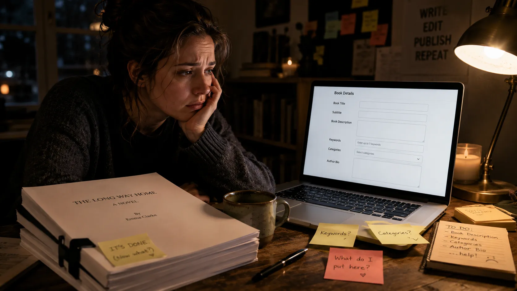Finished manuscript stack beside empty Amazon listing fields - what do I put here tension