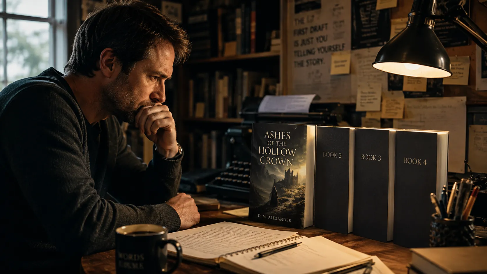 Writer looking at Book 1 beside empty sequels - what comes next tension moment