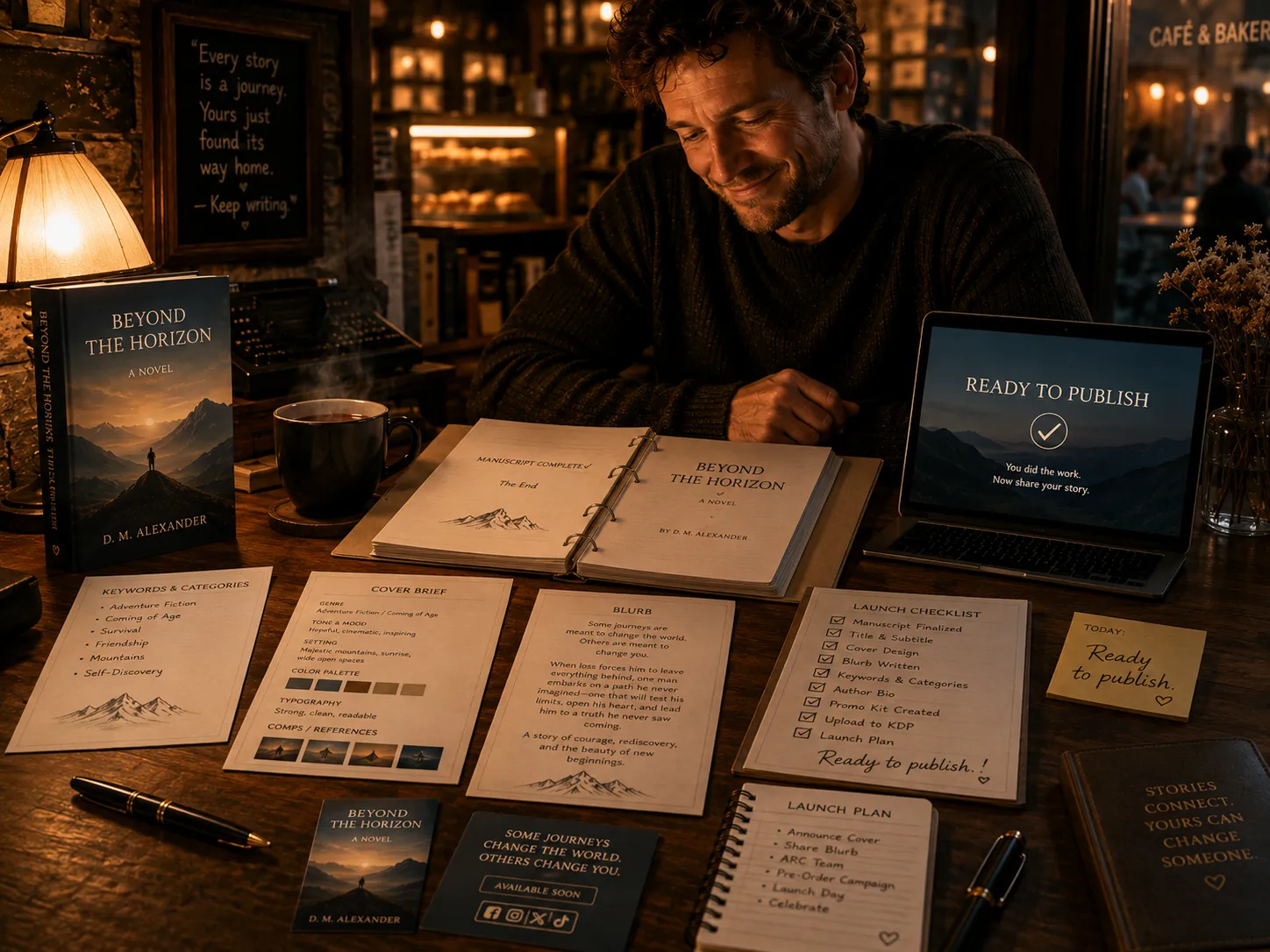 Emotional payoff - author at cozy desk with finished KDP assets, tea, and ready to publish relief
