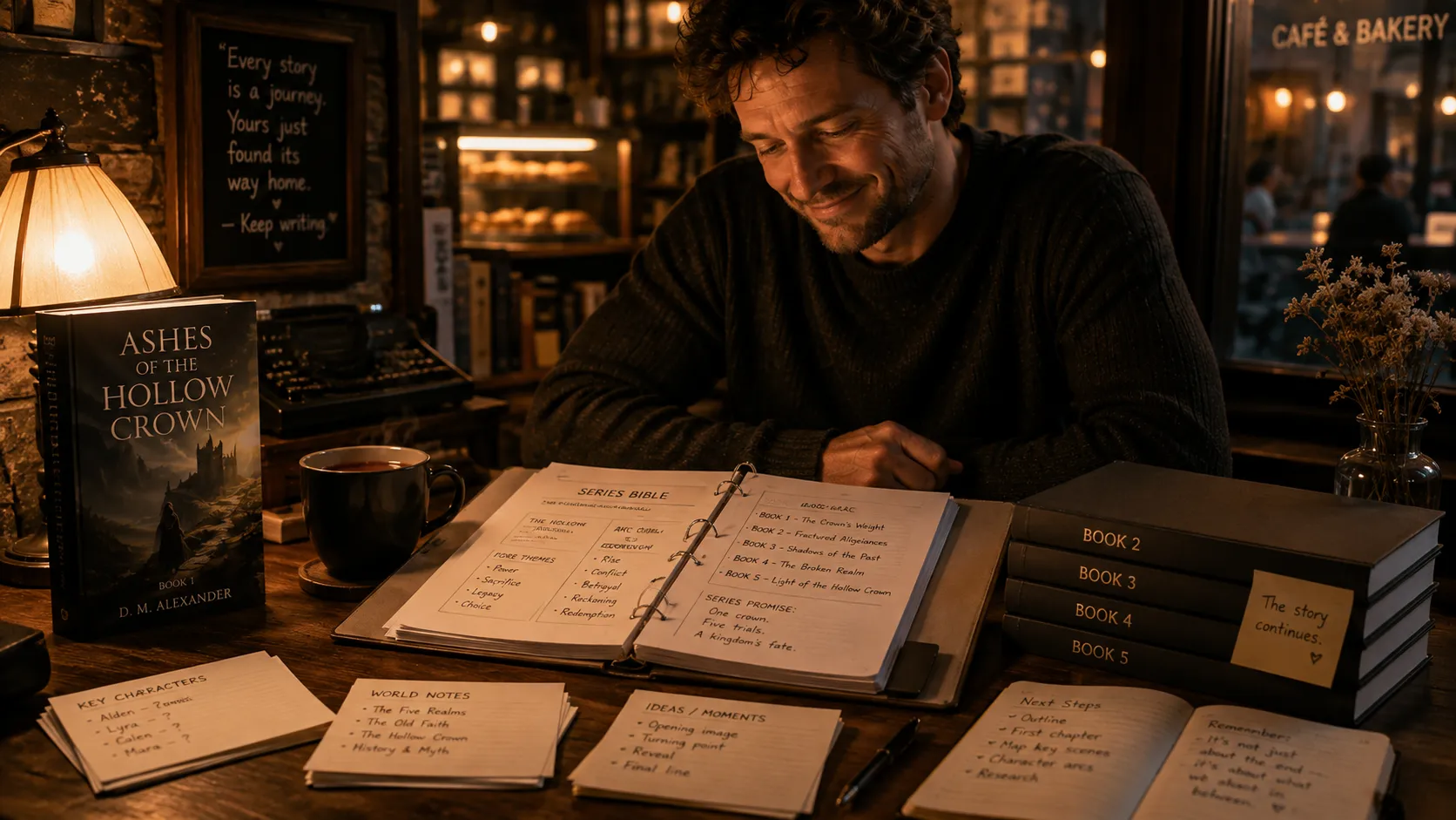 Emotional payoff - author at cozy desk with series bible, tea, and planned sequels