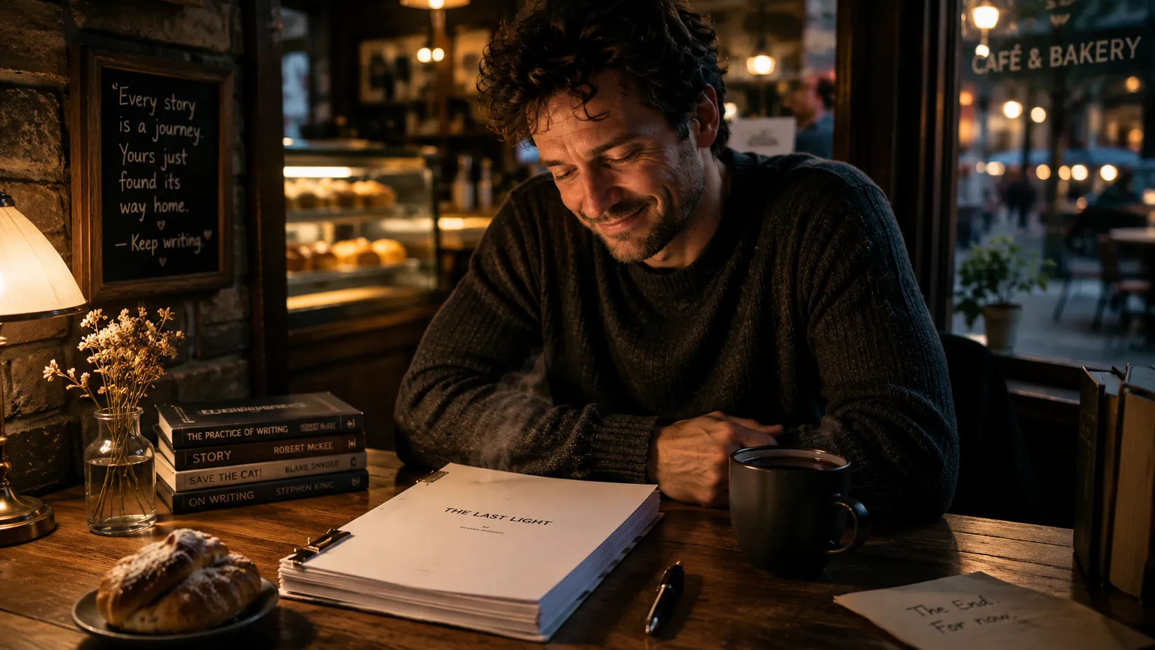 Emotional payoff - polished manuscript beside tea, relief and pride
