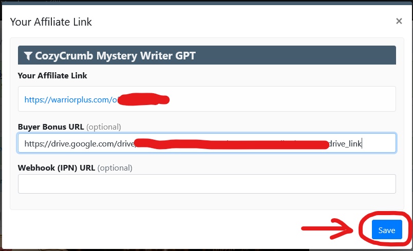 WarriorPlus Your Affiliate Link window - paste your public Google Drive link into Buyer Bonus URL, then click Save