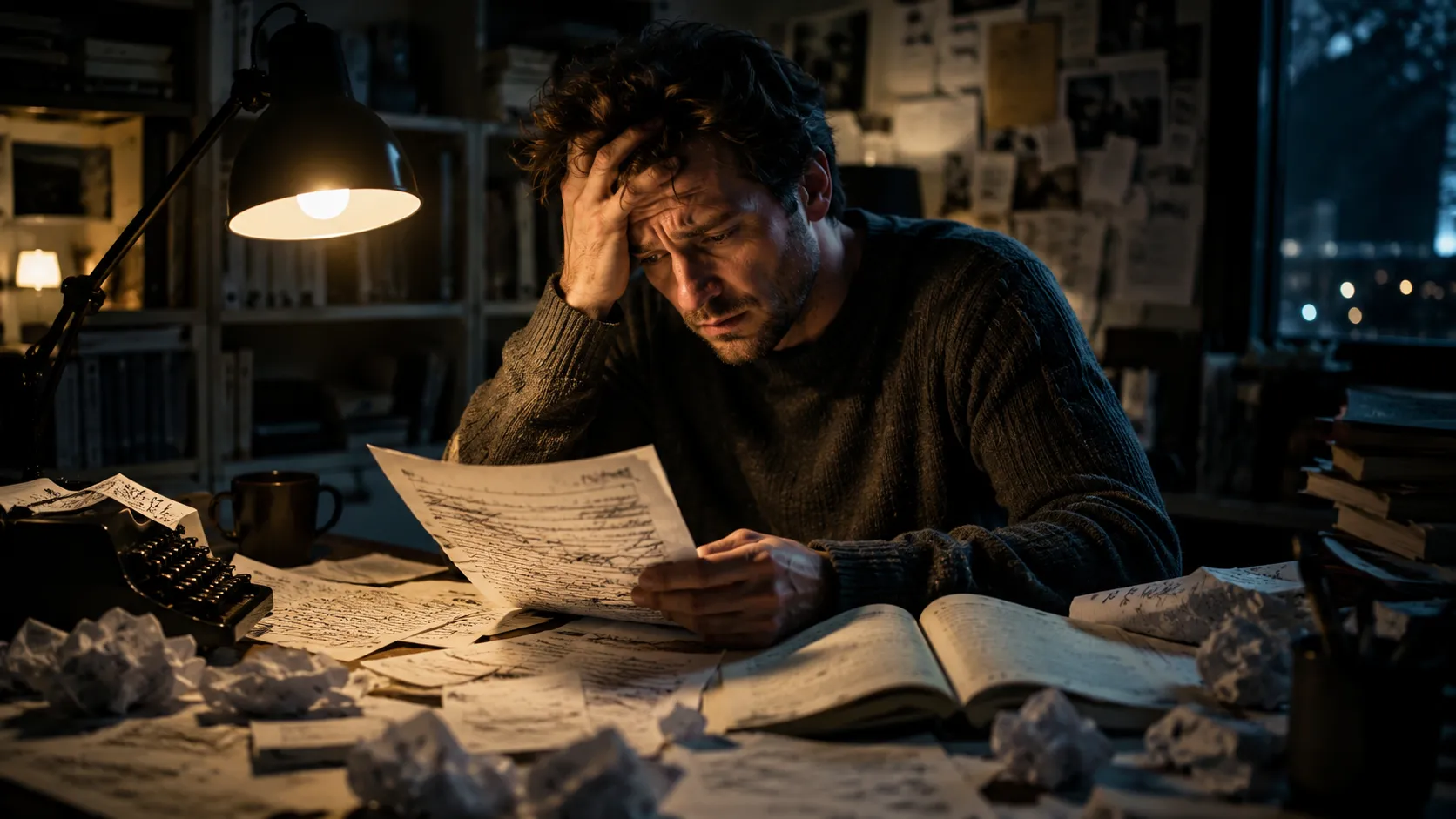 Writer staring at a messy manuscript - tension / is this good enough moment