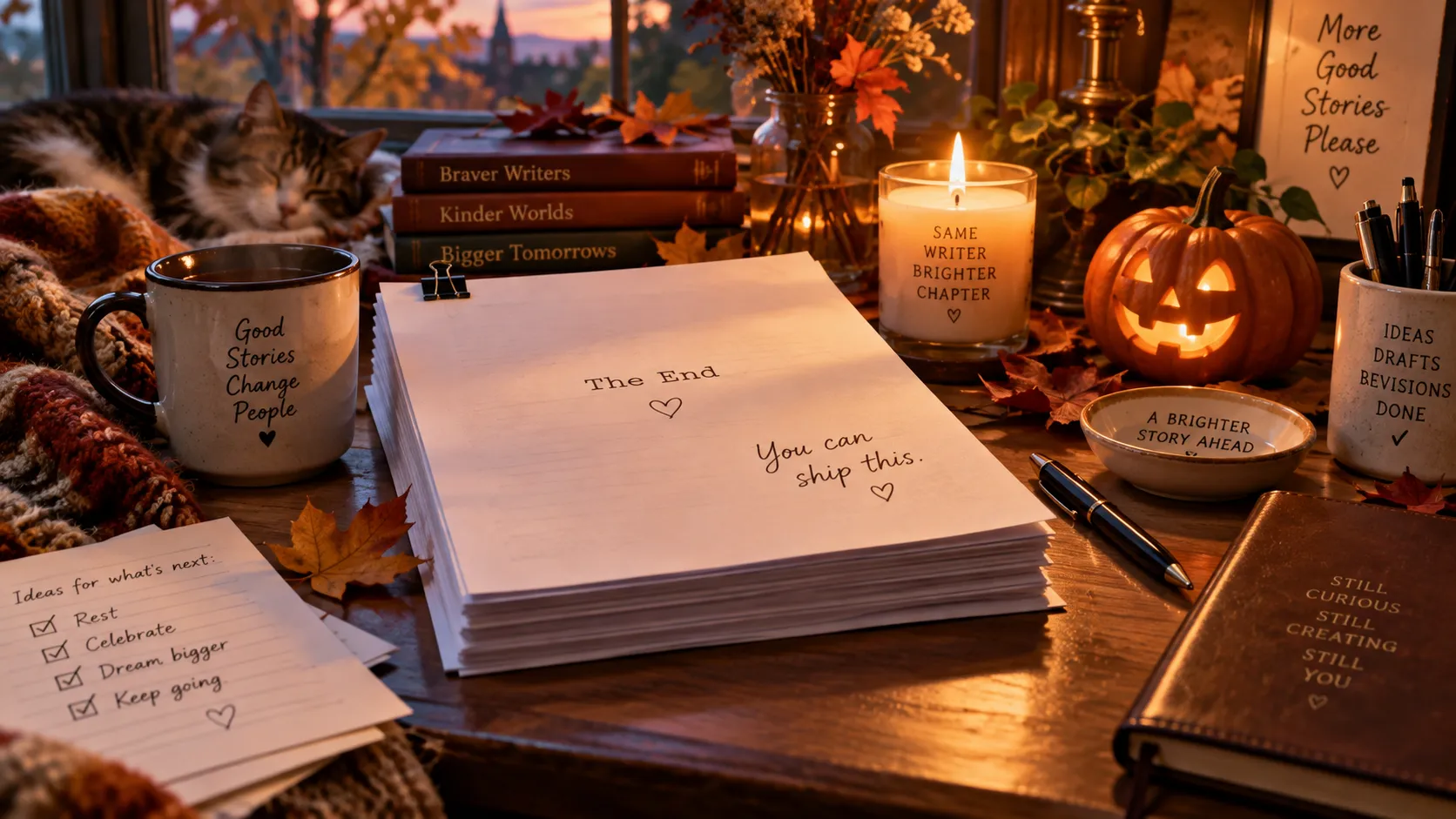 Finished manuscript stack on a cozy autumn desk with a lit candle and a small pumpkin — you can ship this