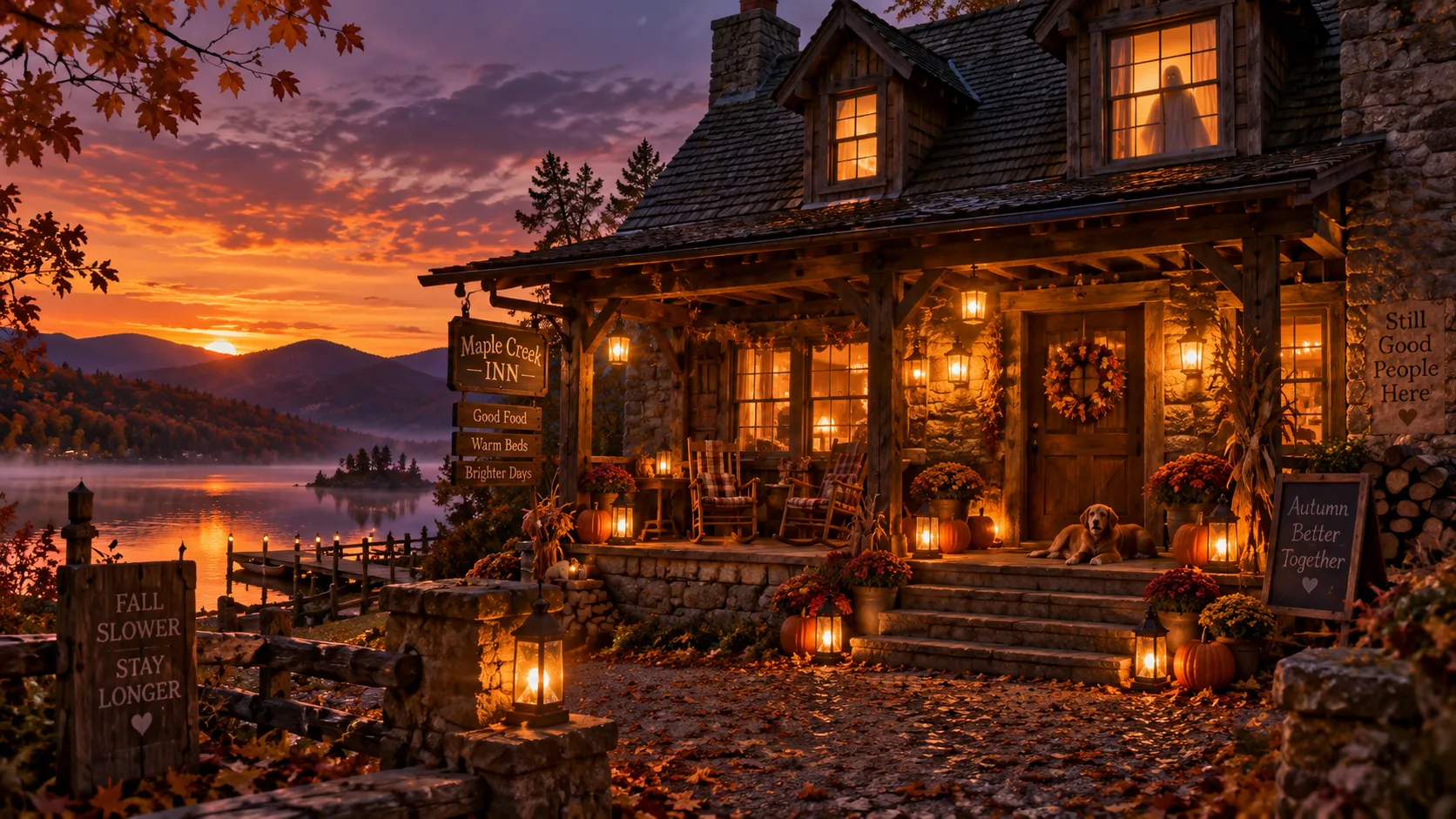 Lantern-lit cozy inn at dusk with pumpkins on the porch and a faint figure in an upstairs window