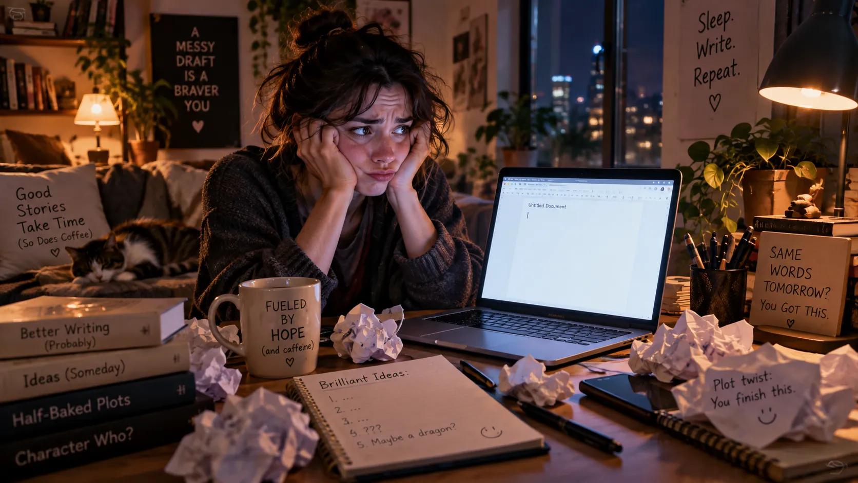 Frustrated beginner writer at a laptop late at night with a blank document and crumpled notes