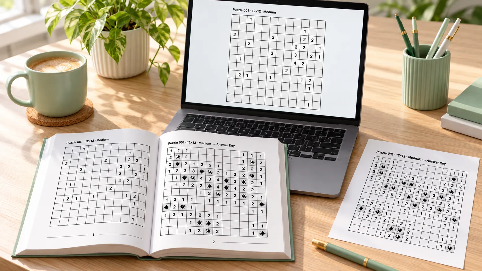 Printed Minesweeper-style puzzle book beside a laptop running MineMint AI