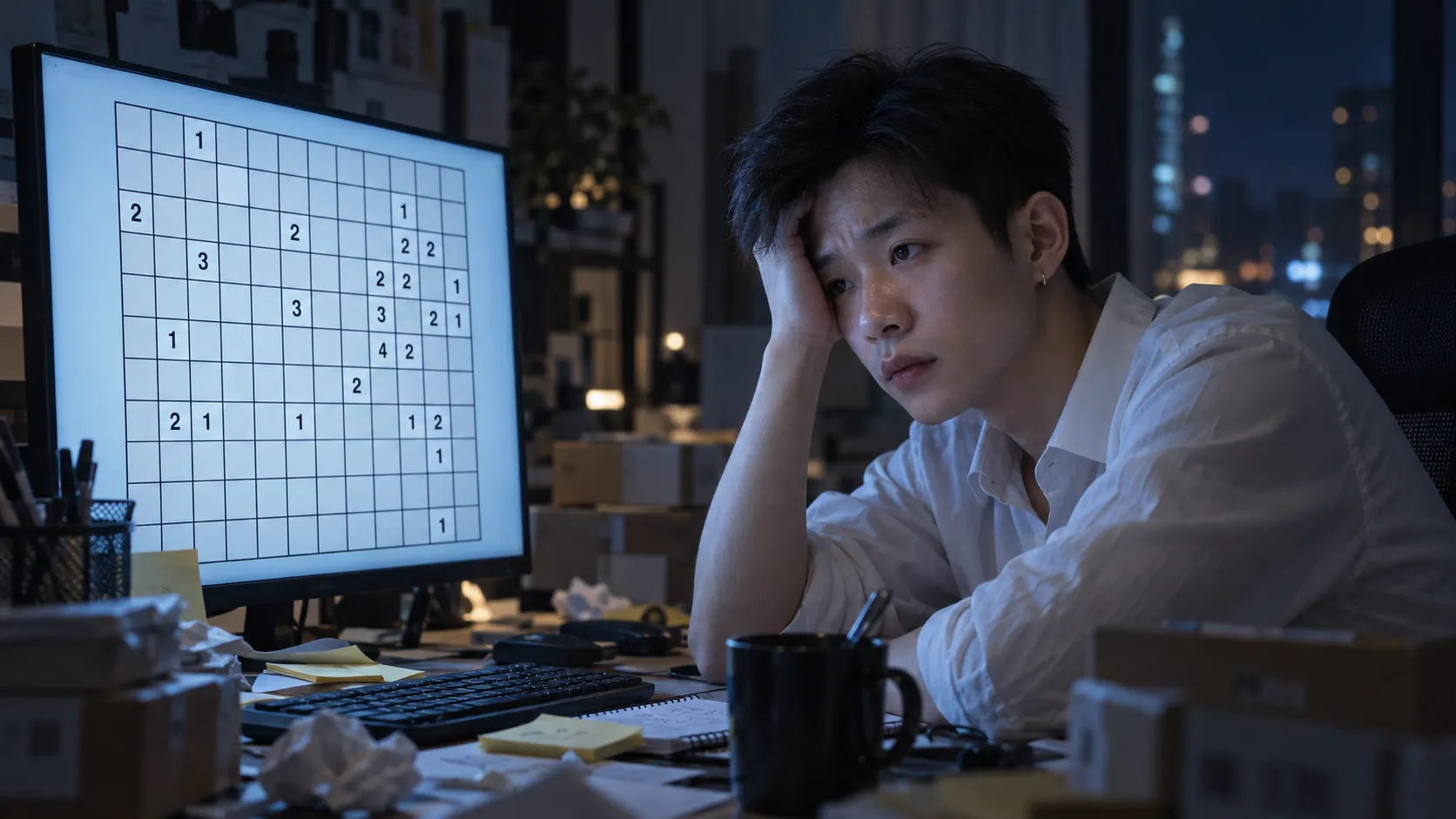 Tired seller at a cluttered night desk stuck on unfinished puzzle drafts