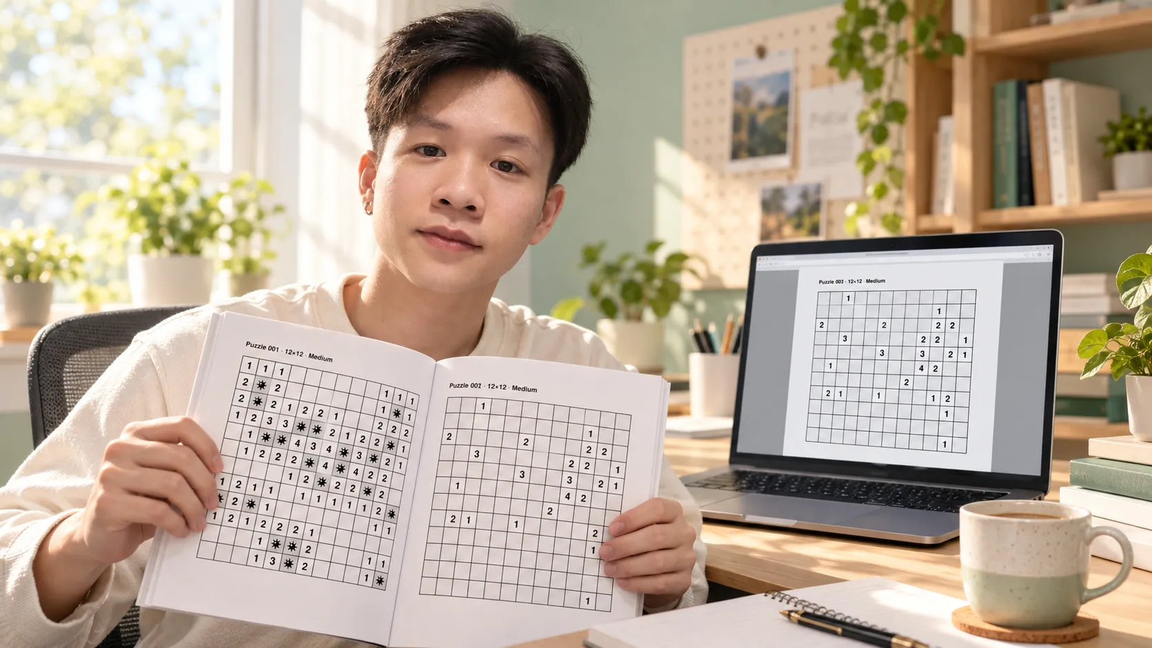 Creator holding a printed Minesweeper-style puzzle book with the studio open on a laptop