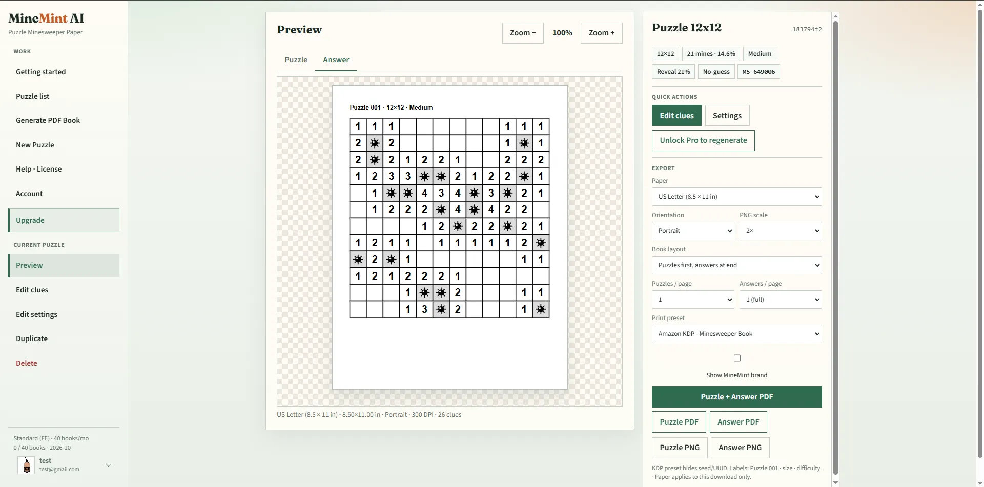 MineMint AI studio showing answer key preview and PDF export