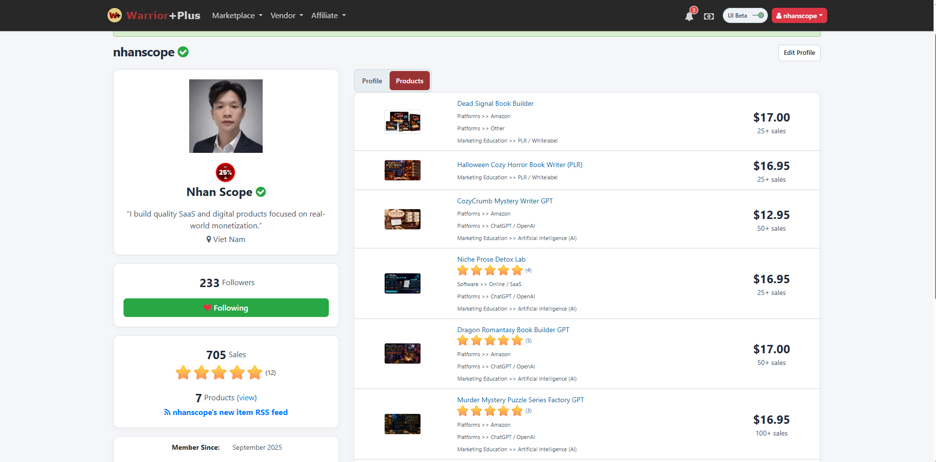 WarriorPlus vendor profile for Nhan Scope