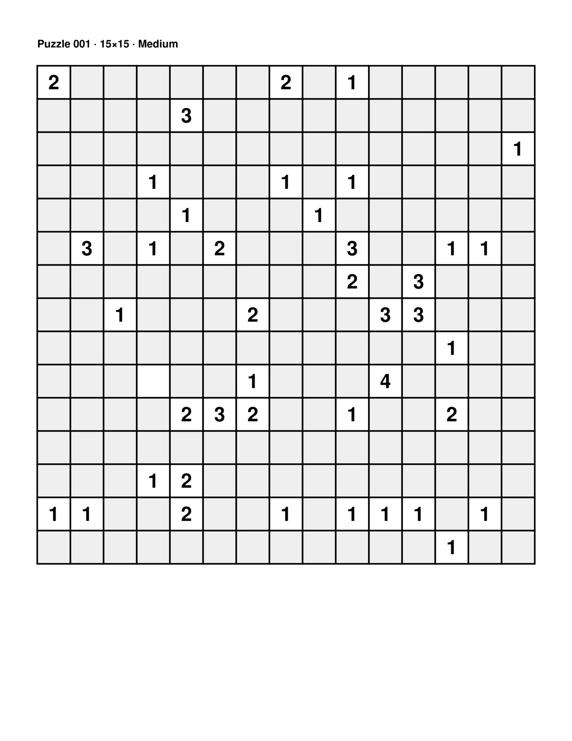 MineMint puzzle page, 15 by 15 medium grid